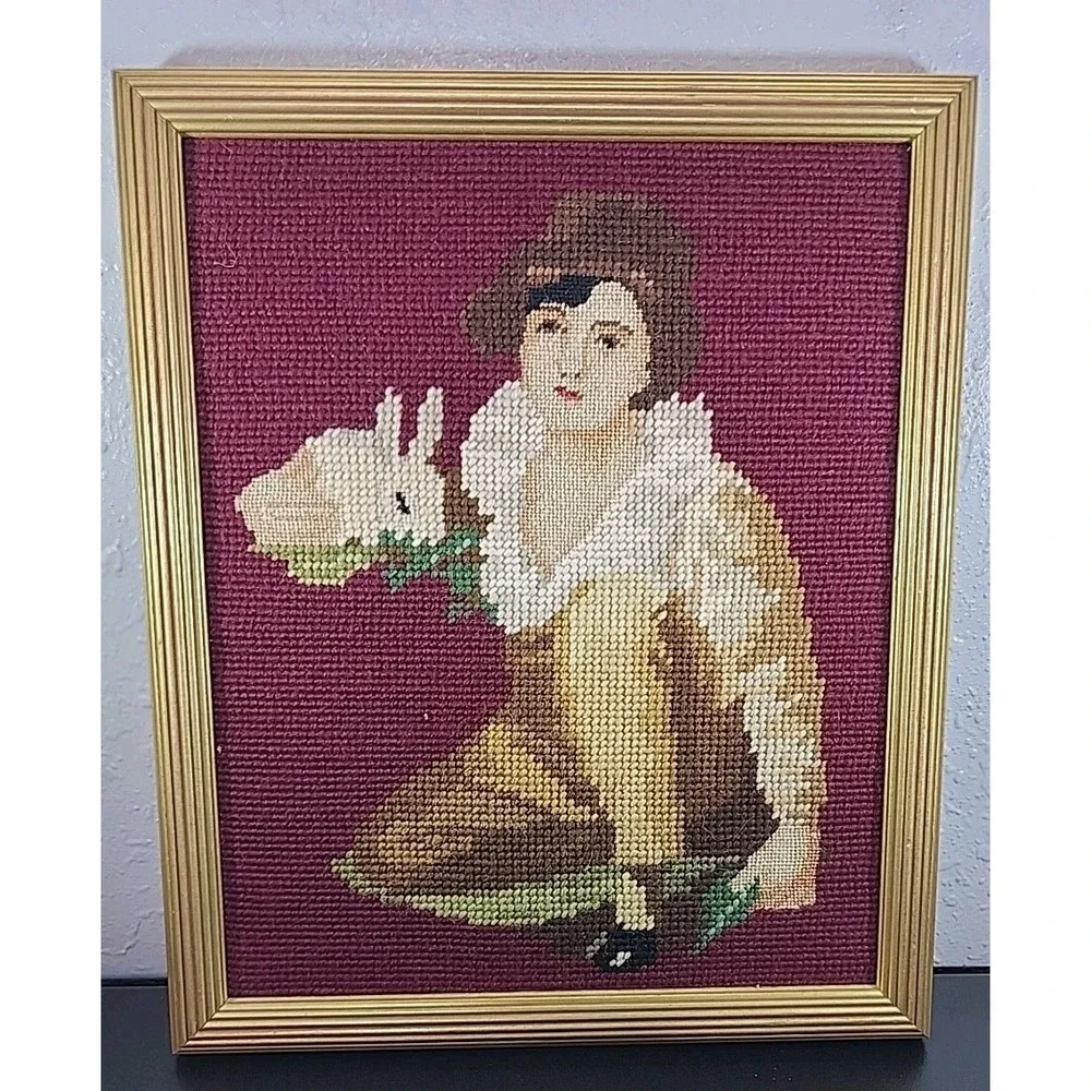 Vtg Antique Needle Point Tapestry Woman Holding A Bunny 10 x 12 Gold Frame 1950s